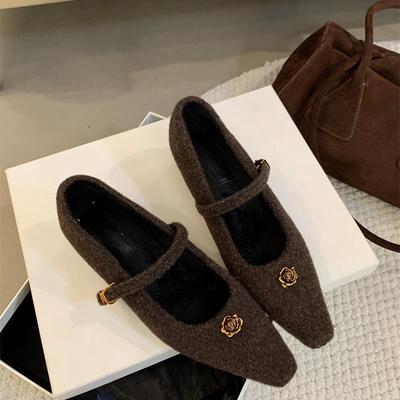 Französische High-End graue Mary Jane Schuhe mit dickem Absatz, temperamentvoll, Pendler-Look, flauschige Schuhe, Damenbekleidung, Samt-Baumwollschuhe