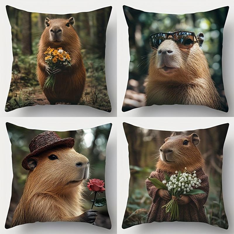 4-Piece Capybara Printed Pillowcase Set – Featuring Stylish Glasses, Capybaras & Forest Scenes Peach skin 18*18(CM)-1Pcs