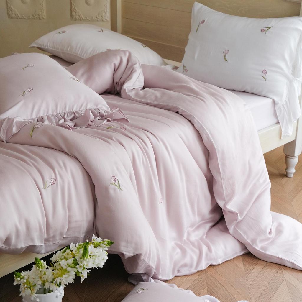 French Tencel Embroidery Luxury Four-Piece Bedding Set - Silky, Cool, Skin-Friendly for Summer Comfort