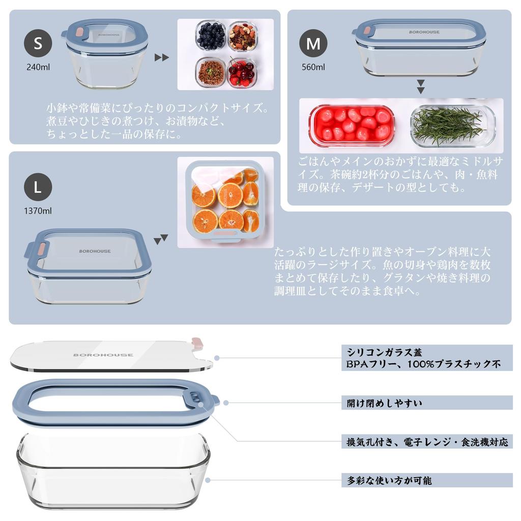 BOROHOUSE Heat-Resistant Glass Storage Container Set of 7 (240ml x 4, 560ml x 2, 1370ml x 1) - Microwave, Oven, and Freezer Safe, Silicone Lid, Airtig