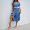 Fashionable and Casual Solid Color Simple Round Neck Short-sleeved Mid-length Dress for Women Without Belt