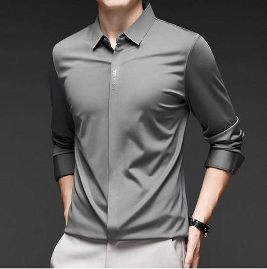 2025 Spring Men's Light Luxury Long-Sleeve Seamless Business Shirt - Solid Color