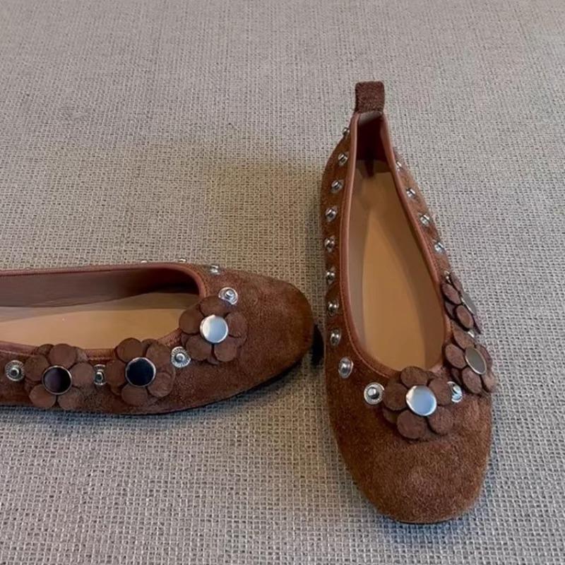 Fashion Retro Button Flower Rivet Shallow Toe Round Toe Single Flat Mary Jane Women's Shoes 2025 New Style