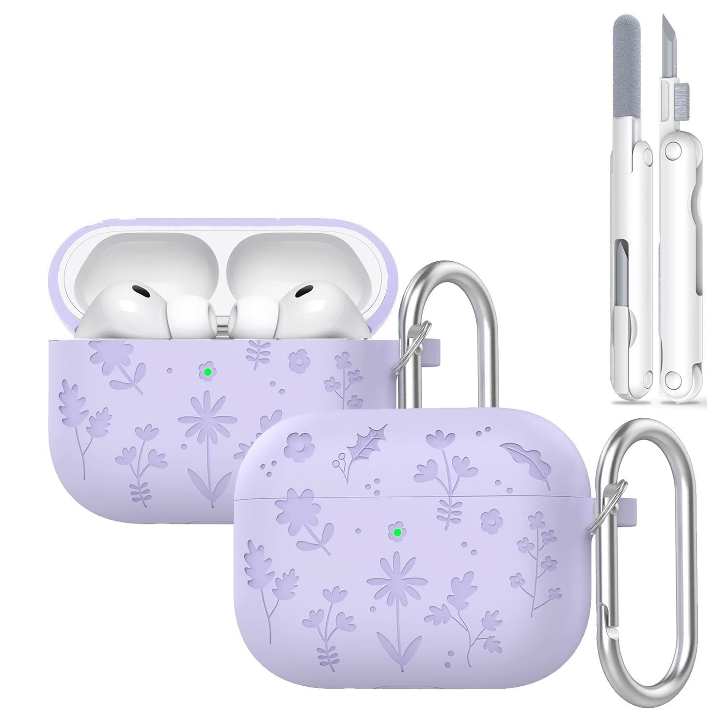 

Для AirPods Pro 3 Чохол для навушників Силіконовий з гравіюванням квітки Для AirPods Pro 3-го покоління Чохол з набором для чищення для AirPods Pro 3 For AirPods Pro 3 фіолетовий