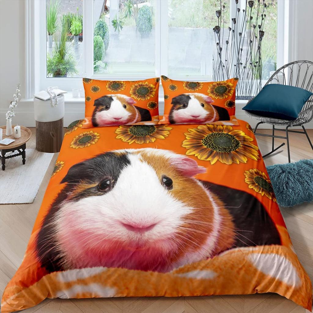 Guinea Pig King Queen Bedding Set Lovely Cartoon Mouse Duvet Cover Flower Plant Animal Comforter Cover Polyester Quilt Cover