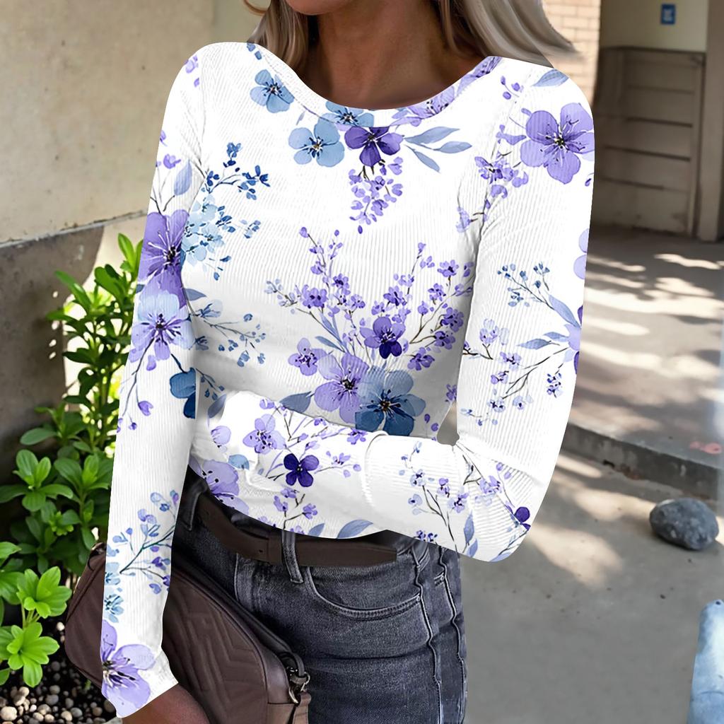 Women’s Casual Long Sleeve Crew Neck Top with Floral Print Ribbed Texture Lightweight Pullover Blouse for Everyday Wear