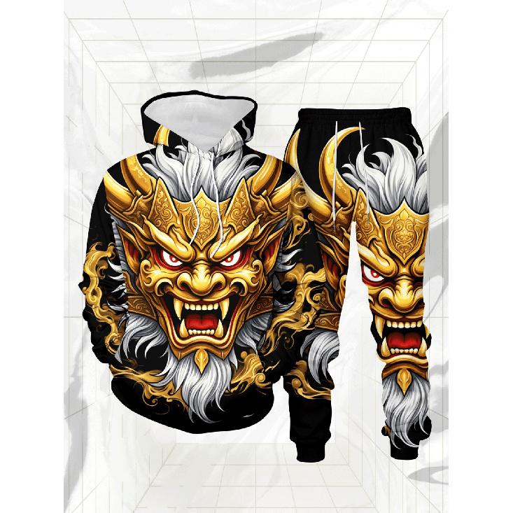 

High Street Style Angry-Faced Mythical Beast Sweatshirt Set Oriental Totem 3D Printed Casual Hoodie And Pants Two Piece Outfit S