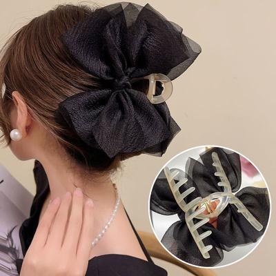 Clip Pince Attrape Cheveux Mailles Tulle Grand Nœud Mode Rétro Élégant Filet Cheveux Tressage Queue de Cheval Accessoires Cheveux Cadeau Coiffe