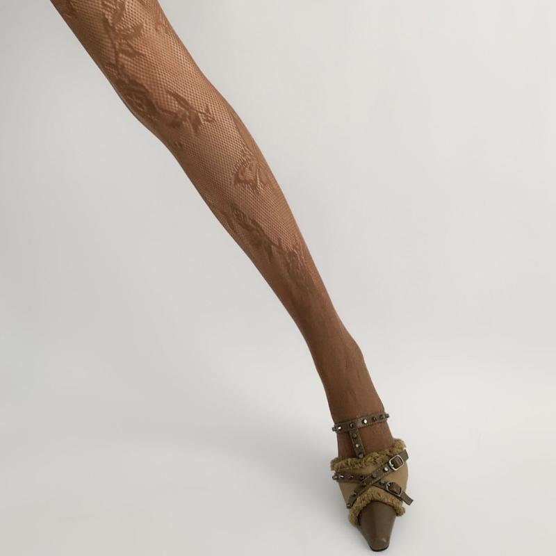 Womens Japanese Hollowed Out Fishnet Tights Stockings Aesthetic Vintage Butterfly Floral Patterned See Through Pantyhose
