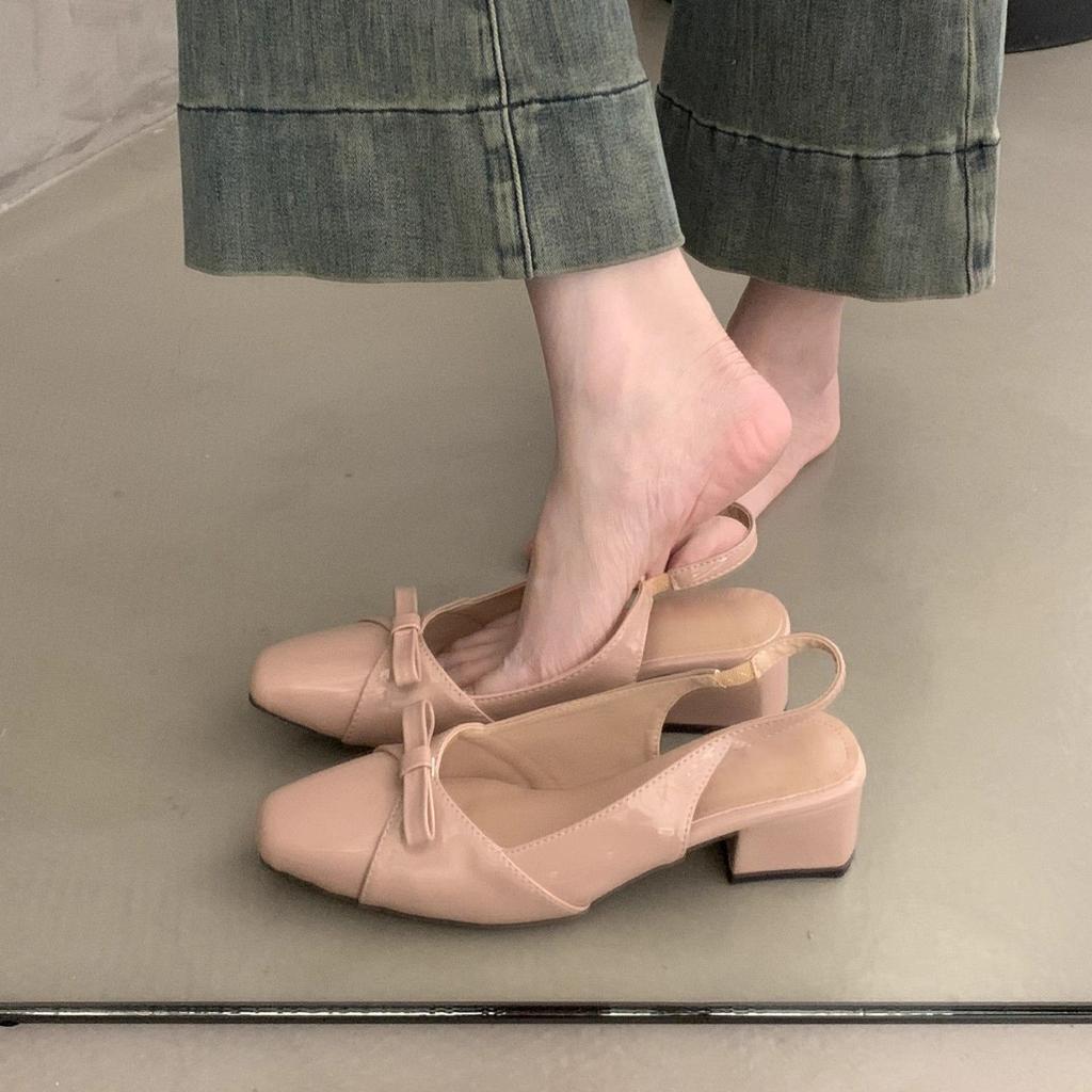 Gentle Wind Temperament with Skirt Thick Heel Empty Bag Head Sandals Women's 2025 New French Bow Square Head Single Shoes