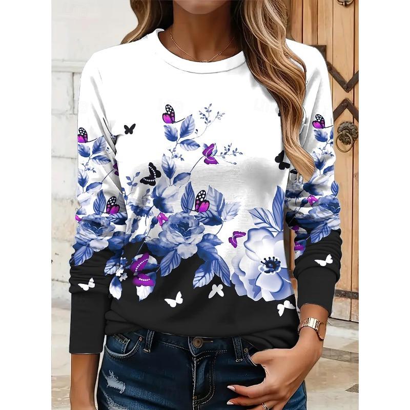 Women's 3D Butterfly Floral Print T-shirt Fashion Long Sleeve Round Neck Regular Tops Holiday Weekend Spring and Autumn