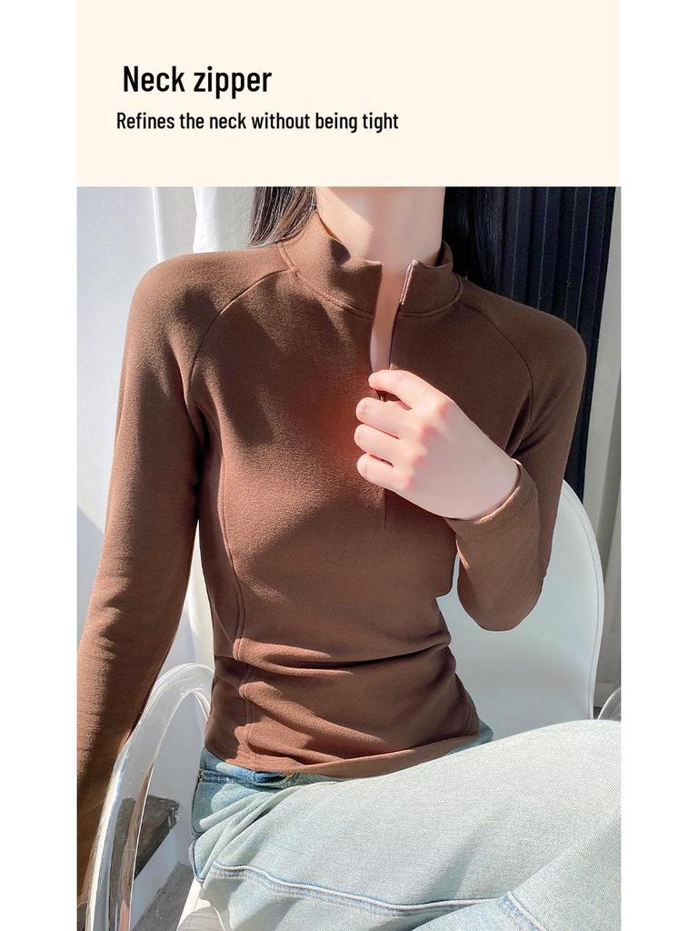 Women's Zipper Stand Collar Long Sleeve T-shirt - Autumn/Winter Warm Fashion Base Layer