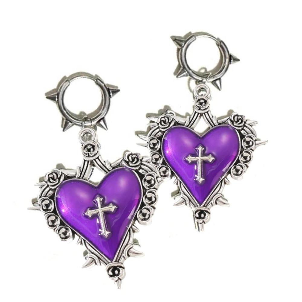 Gothic Punk Sliver Color Liquid Metal Red Thorn Heart Cross Shape Hoop Pendant Earrings for Women Halloween Party Jewelry Gifts
