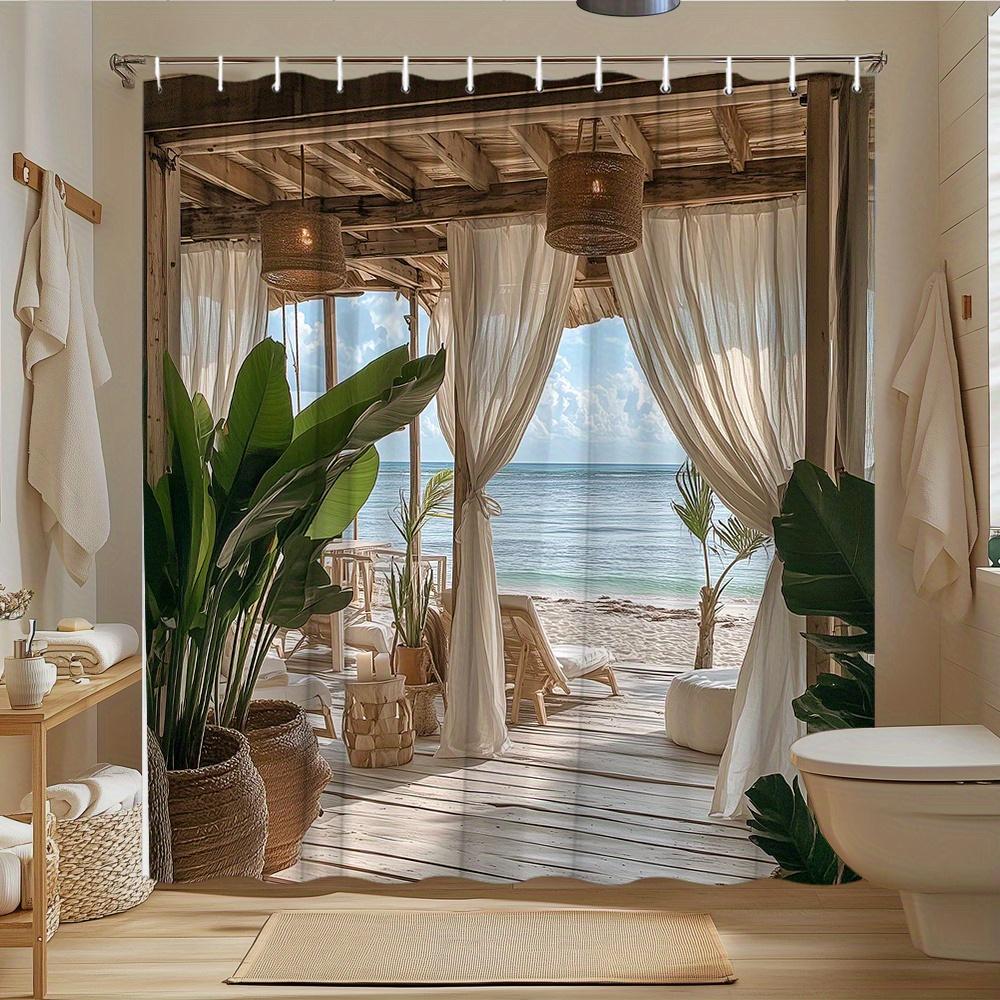 Cortina de Ducha Cabaña de Playa Vista al Mar Terraza de Madera Paraíso Tropical Tejido Impermeable Decoración de Baño Costera