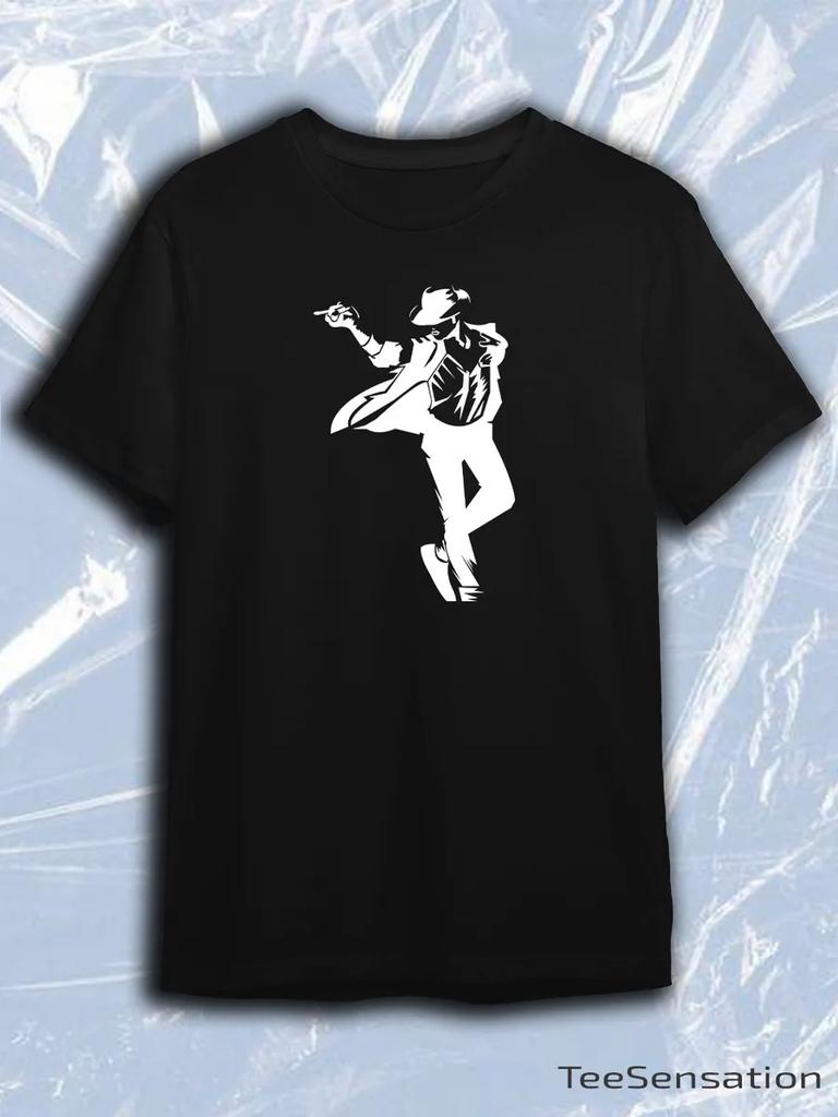 TeeSensation Black Crew Neck Short Sleeve T-Shirt with White Michael Jackson Dancing Fedora Silhouette