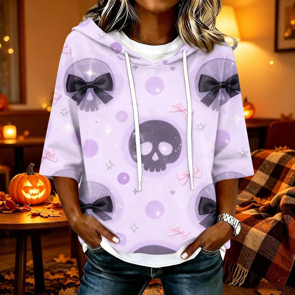 Women's Halloween Print Hooded Top, Loose Fit Casual 3/4 Sleeve Pullover Shirt