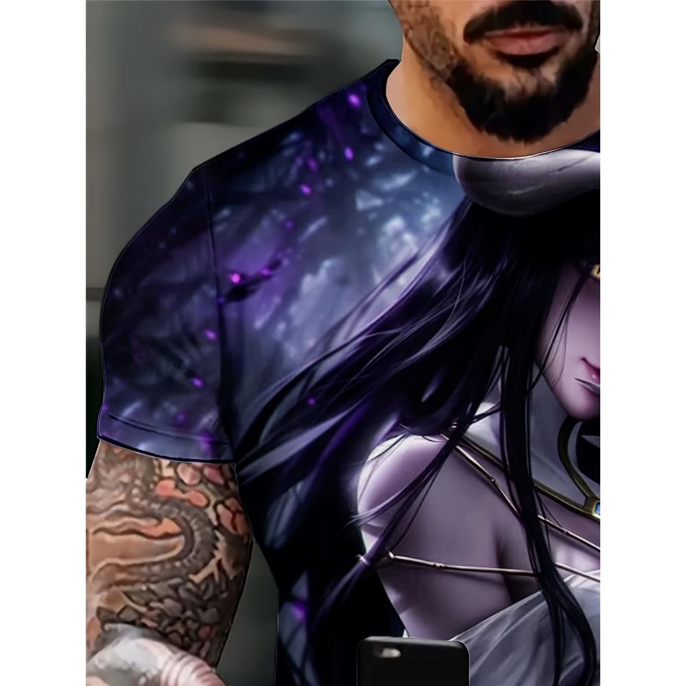 Men's T-shirt with Anime-style Print - Inspired by the Image of Silver Armor, Purple Hair and Blue Eyes