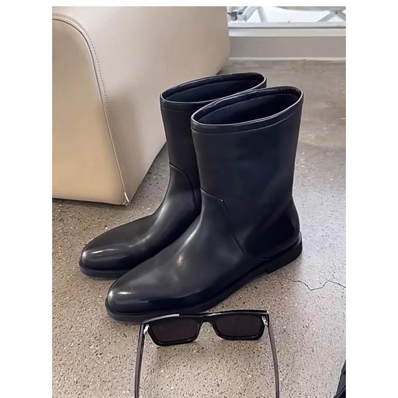 Sheepskin Version~ High-end Leather Thick-soled Medium Boots Women's Winter New Wide Martin Boots Knight Locomotive Boots Short Boots