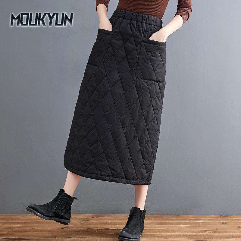 Winter and Autumn New Thickened Warm Cotton Elastic High Waist Slim Pocket Skirts Black