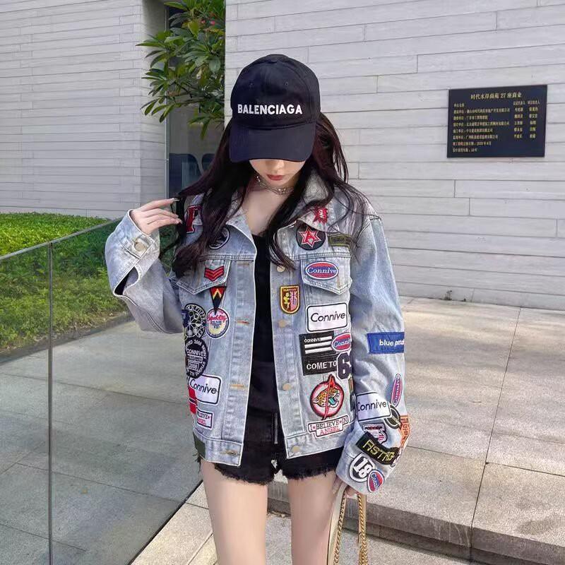 Womens Oversized Denim Jacket With Embroidered Patch Detail Streetwear Fall Loose Fit
