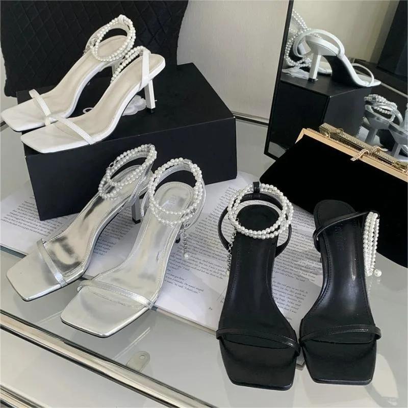 2025 Summer Thin Heels Women's Fashion Square Head High Heel Sandals All-Match Ankle Pearl Chain Luxury Party Heels Shoes