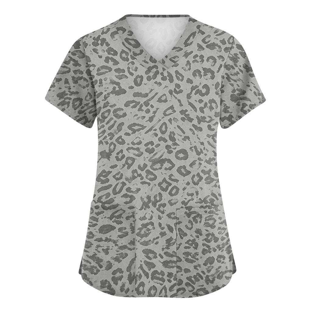 Women's Fashion Polka Dot V-Neck Short Sleeve Work Top with Pockets, Caregiver Uniform Shirt