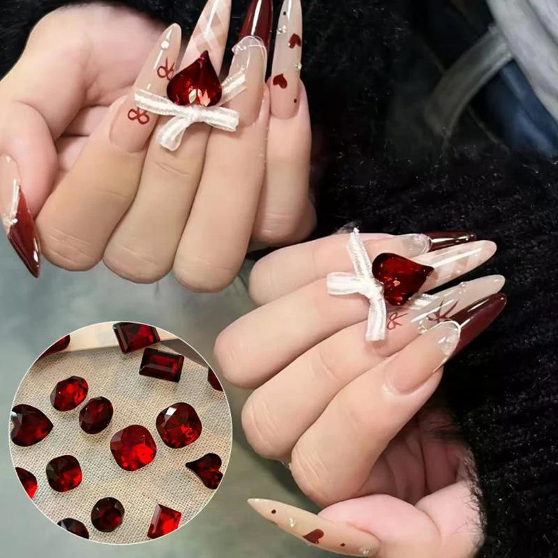 5 Pcs Red Nail Gems Pointed Bottom Rhinestones Multiple Shapes Nail Crystal Diamond Mixed Luxury Glass Rhinestones Charms Decor