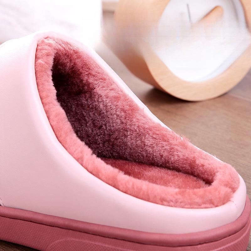 Women's and Men's Non-Slip Waterproof PU Leather Indoor Winter Slippers - Warm and Cute for Couples