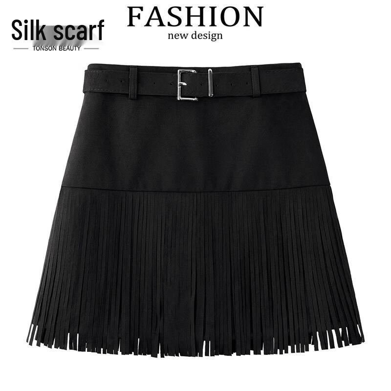 Женская короткая юбка с высокой талией и бахромой S