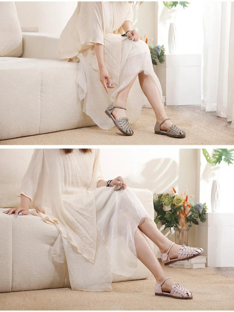 Johnature Hand Woven Cowhide Flat Sandals Retro Genuine Leather Round Toe Soft Soled Women's Shoes