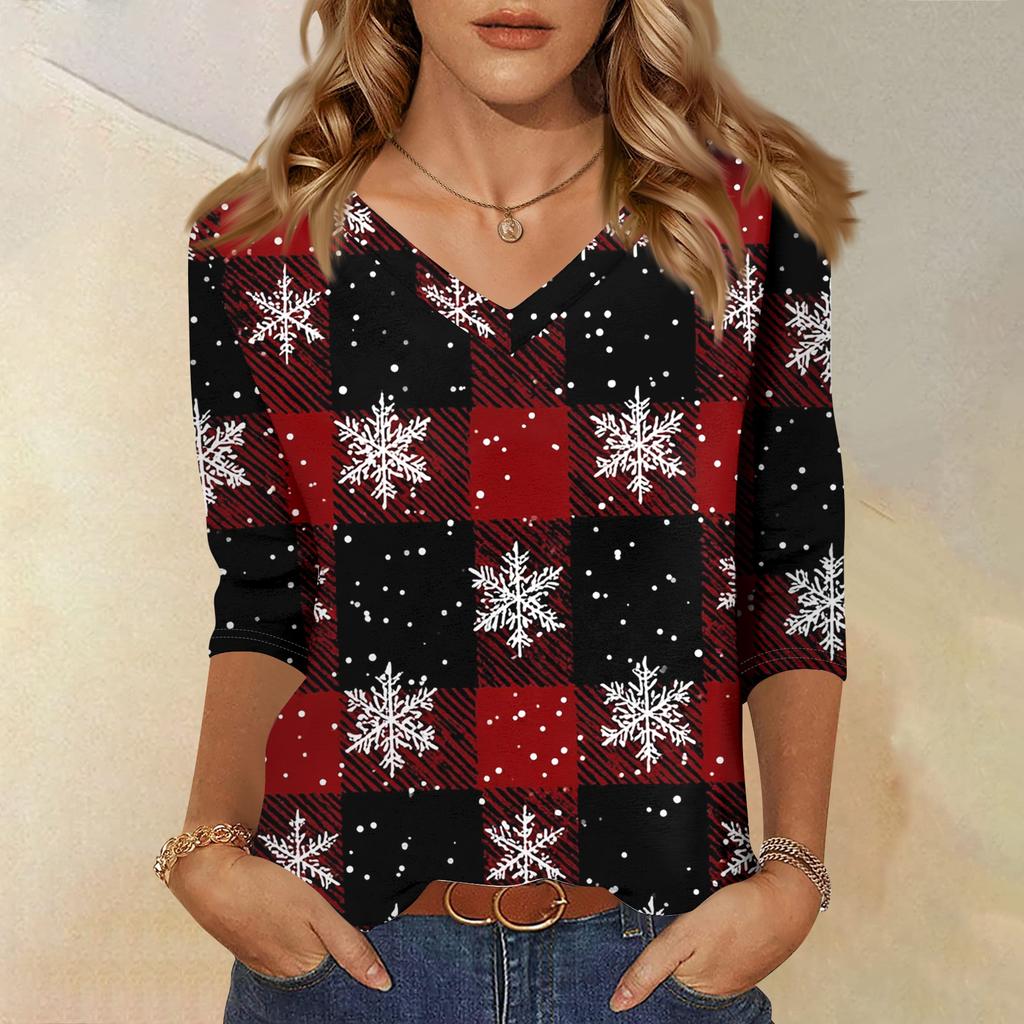 Women's T Shirt CHristmas Print 3/4 Sleeve Daily Weekend Fashion Basic V- Neck Regular Top