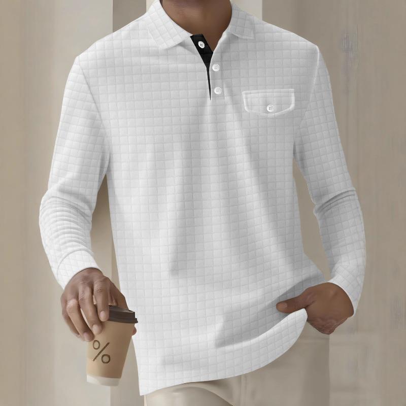 Men's Long Sleeve Plaid Polo Shirt Button Pocket Sports Polo Shirt