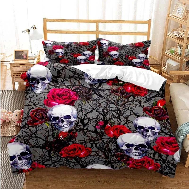 Socker Skalle Påslakanset Queen Size Blommor Skelett Sängkläder Dubbelt Sängklädesset Med Örngott King Size Skalle Täcke
