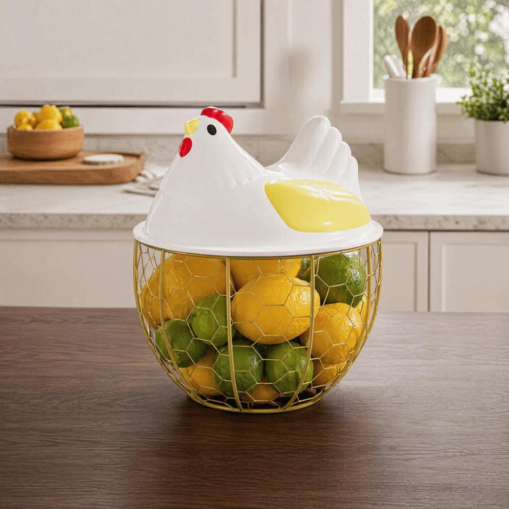 Creative Rustic Hen Shape Egg Basket with Lid Farm Style Egg Container Storage Hollow Iron Basket Kitchen Accessories