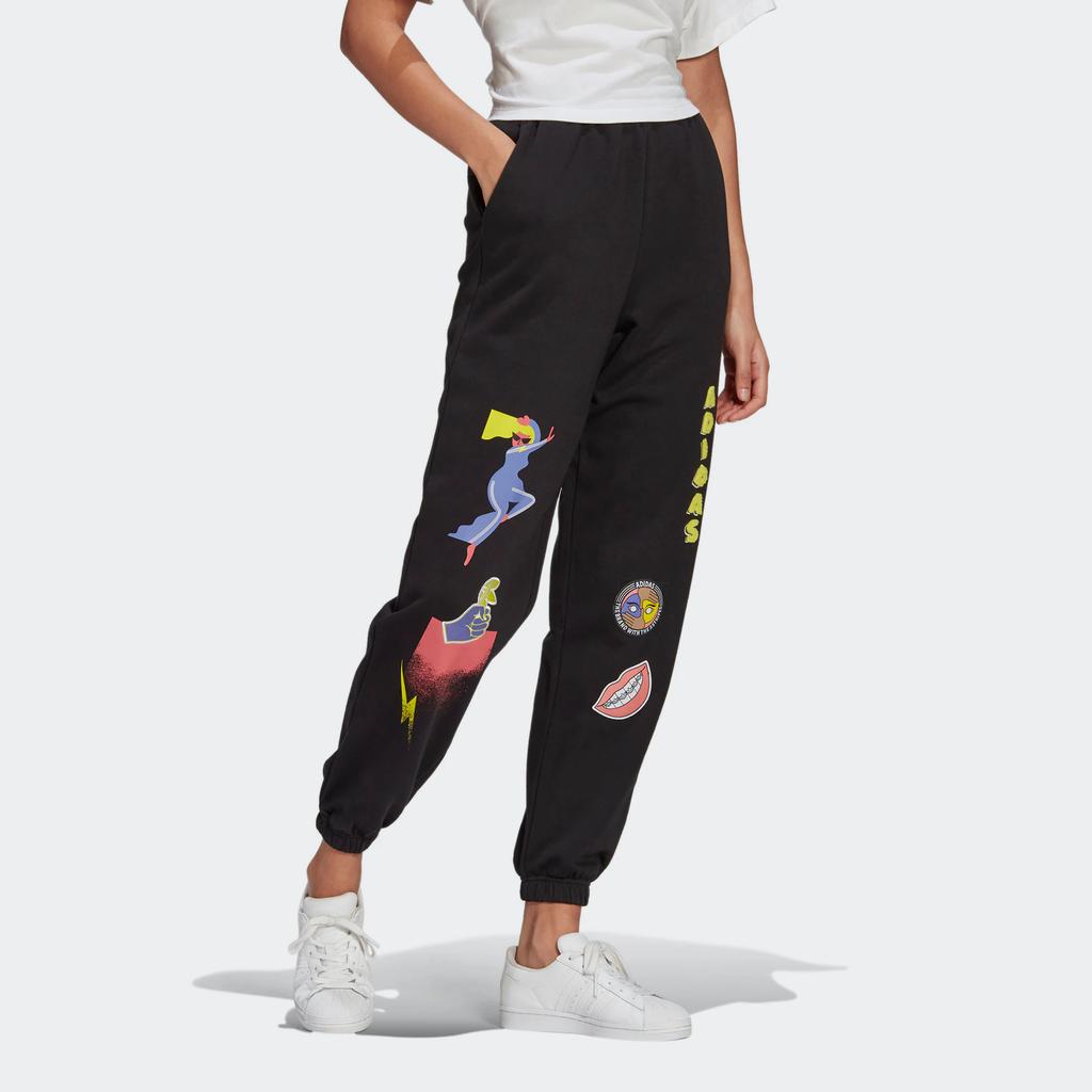 adidas Originals Fakten Hose Spitze Mittlere Taille Elastisch Muster Gedruckt Konisch Neunpunkt Gestrickte Sporthose Damen Hose Schwarz GN4367