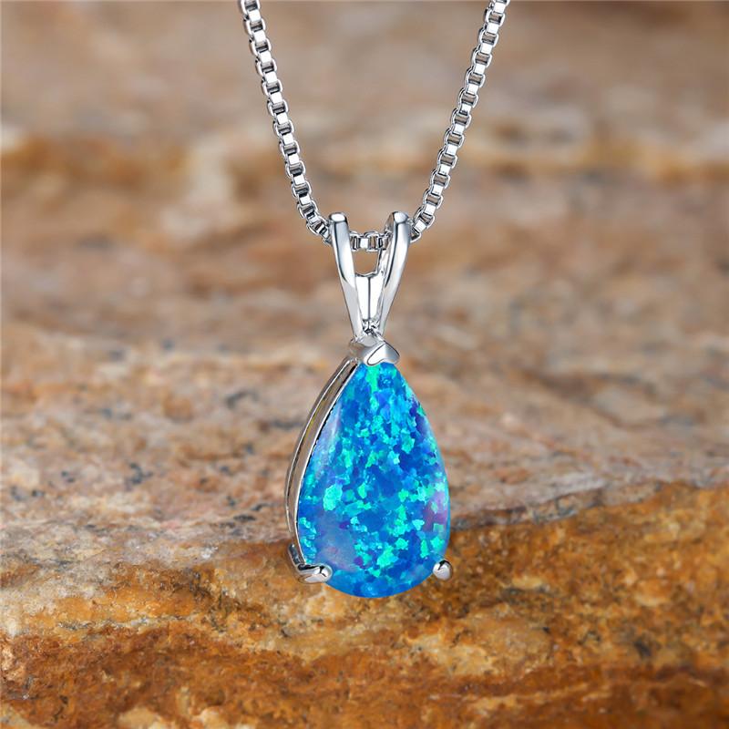 Boho Female Small Blue Green Opal Water Drop Pendant Necklace Silver Color Wedding  For Women