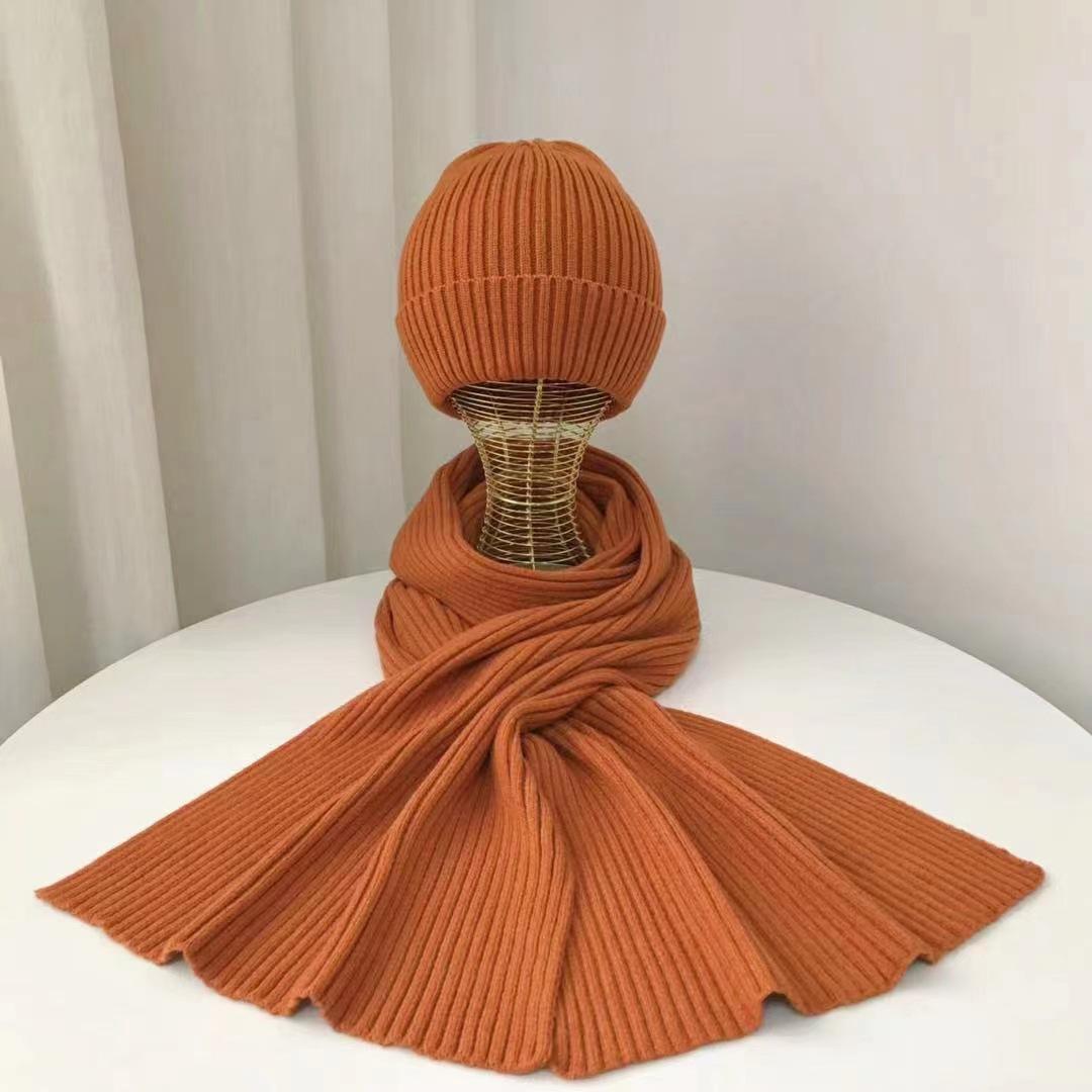 

Осенне-зимний новый корейский вязаный шарф, шапка из двух частей, шерстяная шапка, женский и мужской однотонный шарф для родителей и детей оранжевый