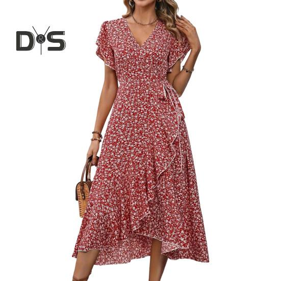 Summer Floral Maxi Dress for Women V Neck Short Sleeve Ruffle Hem Wrap Dress Boho Casual Split Flowy Beach Long Dress