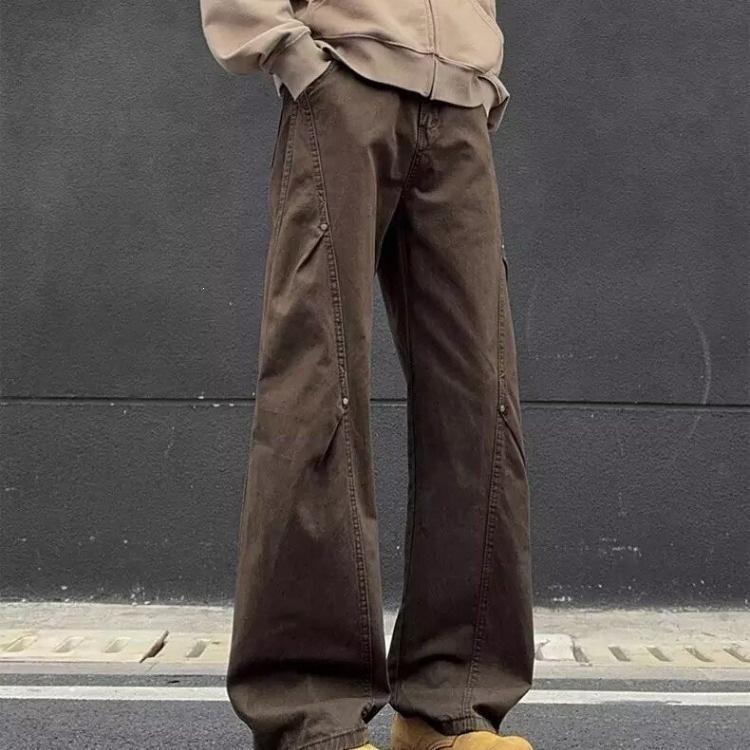 Maillard coffee washed jeans men's trendy brand straight American retro diagonal scimitar pants trendy