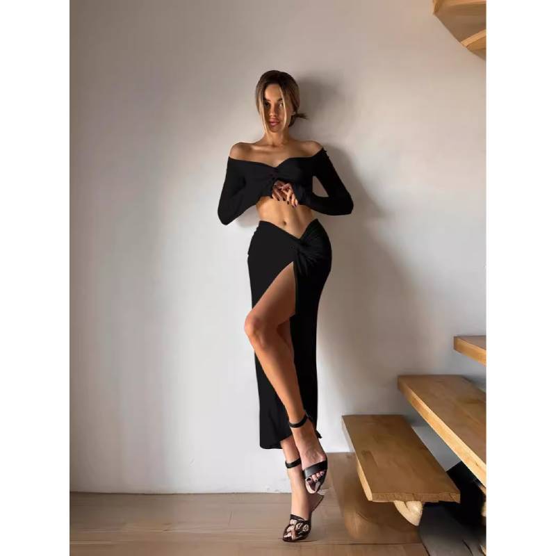 Streetwear Womens Long Sleeve V Neck Dress Set With Slit And Splicing For Casual Style