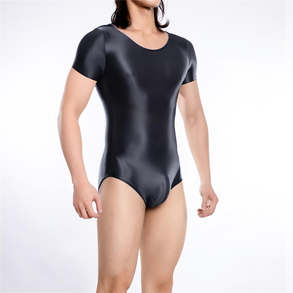 Sexy Men Stain Smooth High Cut Bodysuit Oil Glossy Shiny Elastic Dance Maid Tights Yoga Top Shapping Leotard One Pieces T-Shirt
