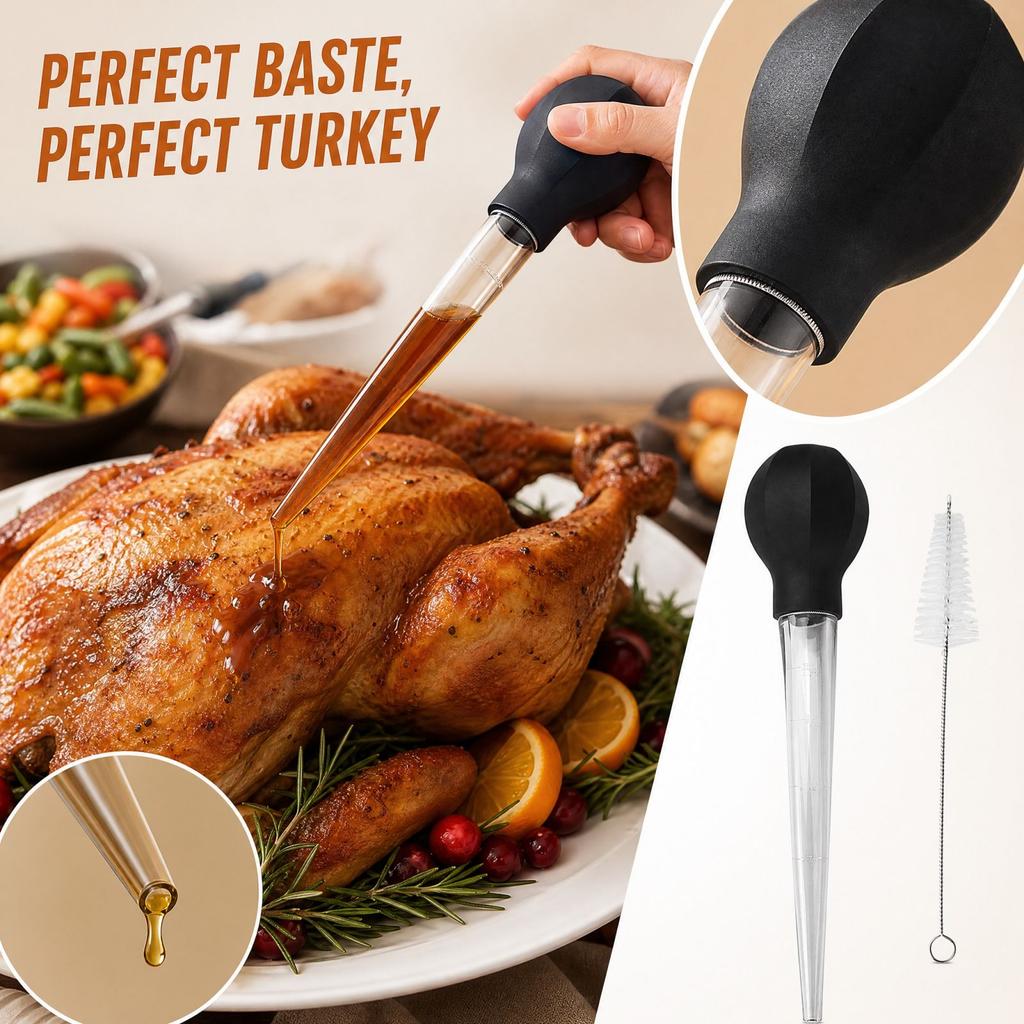 Turkey with Rubber Bulb and Cleaning Brush for Basting, Marinade and Oil Skimming