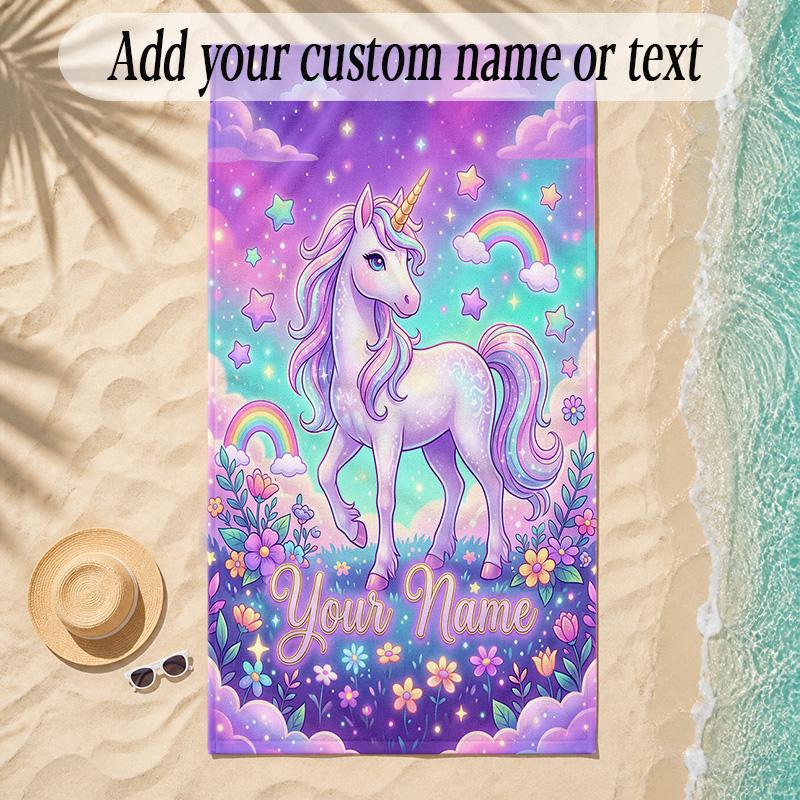 Unicorn Theme Soft Beach Towel Personalized Custom Name Text Towel Portable for Beach Pool Travel