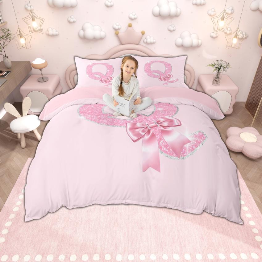 Homewish Personalized Initial Letter O to Z Duvet Cover Set, Dreamy Pink Bow Knot Bedding for Girls, Glitter Print Decor