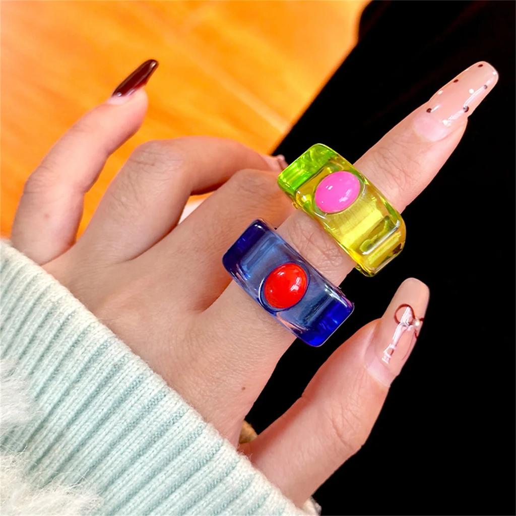 Fashion Simple Inlaid Colorful Y2k Resin Ring Women Sweet Cute Ins Birthday Party Hip Hop Commemorative Jewelry Rings Gift Women