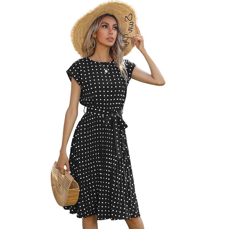 Women's Summer Polka Dot Round Neck Midi Dress with Retro Pleated Skirt
