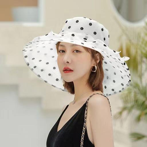 Women's Sun Hat Mesh Topper Organza Summer Sun Hat Vintage Outdoor Gauze Hat Beach Polka Dot