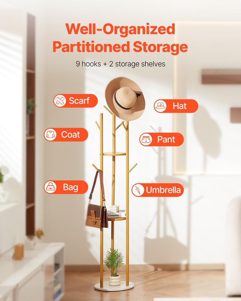 VEVOR Coat Rack, Freestanding Coat Rack Stand with Quartz Stone Base & 9 Hooks, Free Standing Hall Coat Tree for Entryway, Bedroom, Office