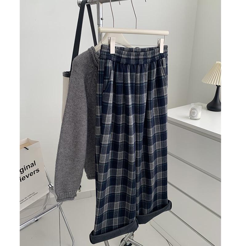 Women's Fleece-Lined Retro Plaid Wide-Leg Pants - Autumn/Winter Casual