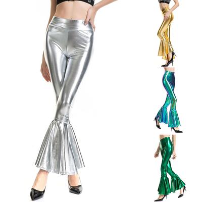 Women's Shiny Metallic Flared Trousers Faux Leather Wide Leg Pants Bell Bottom Disco Wide Leg Palazzo Trousers